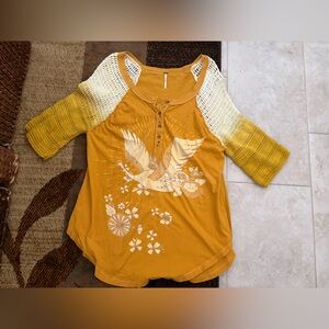 Free People Mustard Yellow & Cream Crochet Sleeve Henley Top